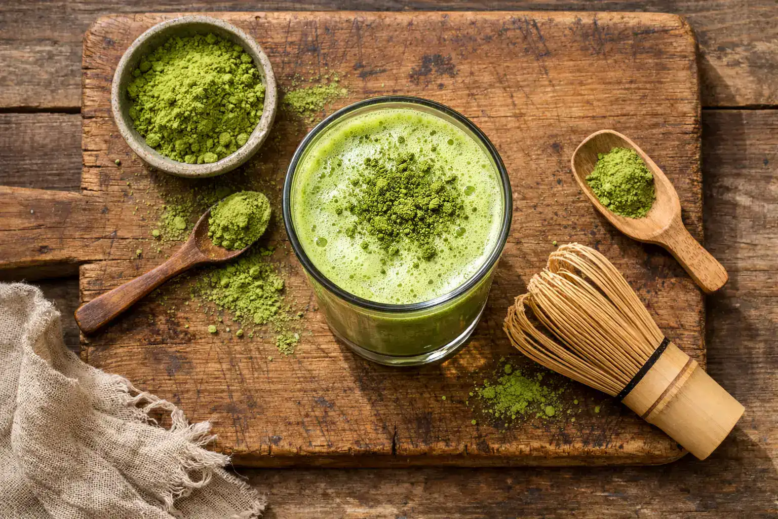 Boisson énergétique au matcha fraîche sur une table en bois rustique - 5 calories par portion