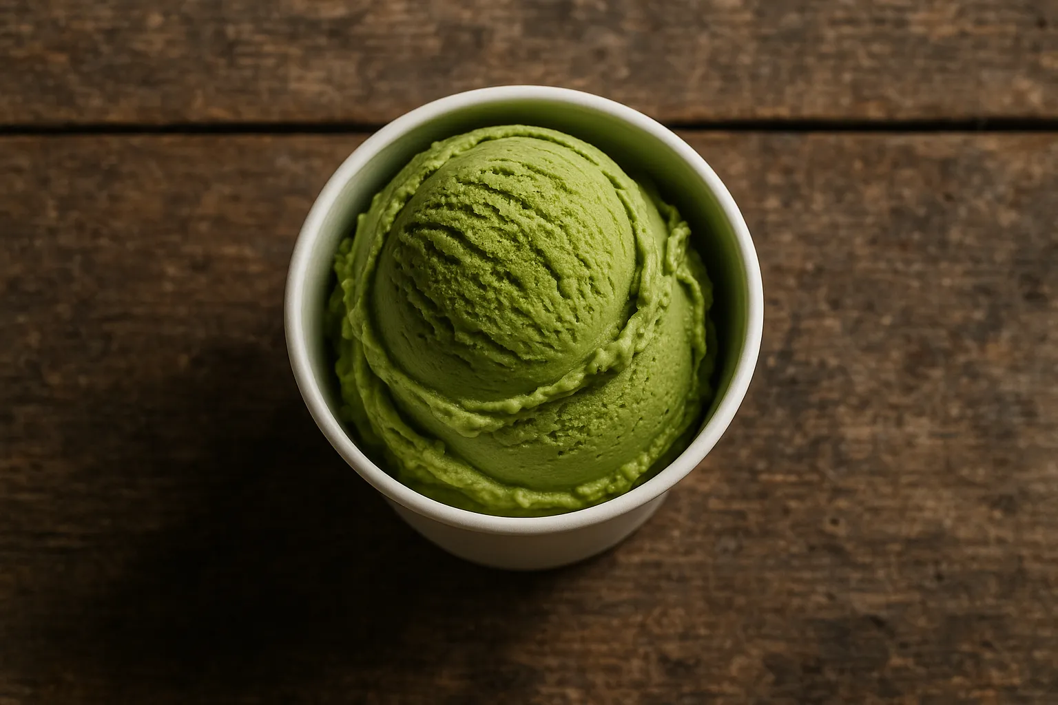 Frischer Matcha-Eisbecher auf rustikalem Holztisch - 210 Kalorien pro Becher