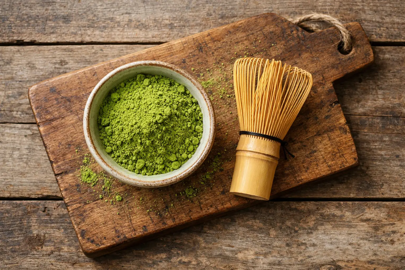 Fresh matcha latte powder on rustic wooden table - 6 calories per 2g serving