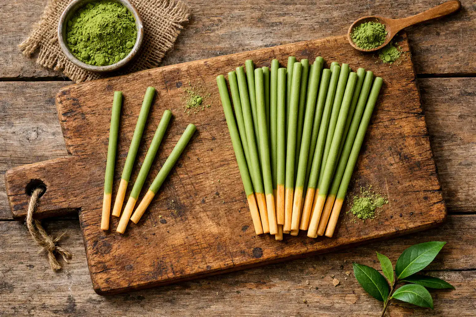 Fresh matcha green tea Pocky sticks on rustic wooden table - 190 calories per 35g pack