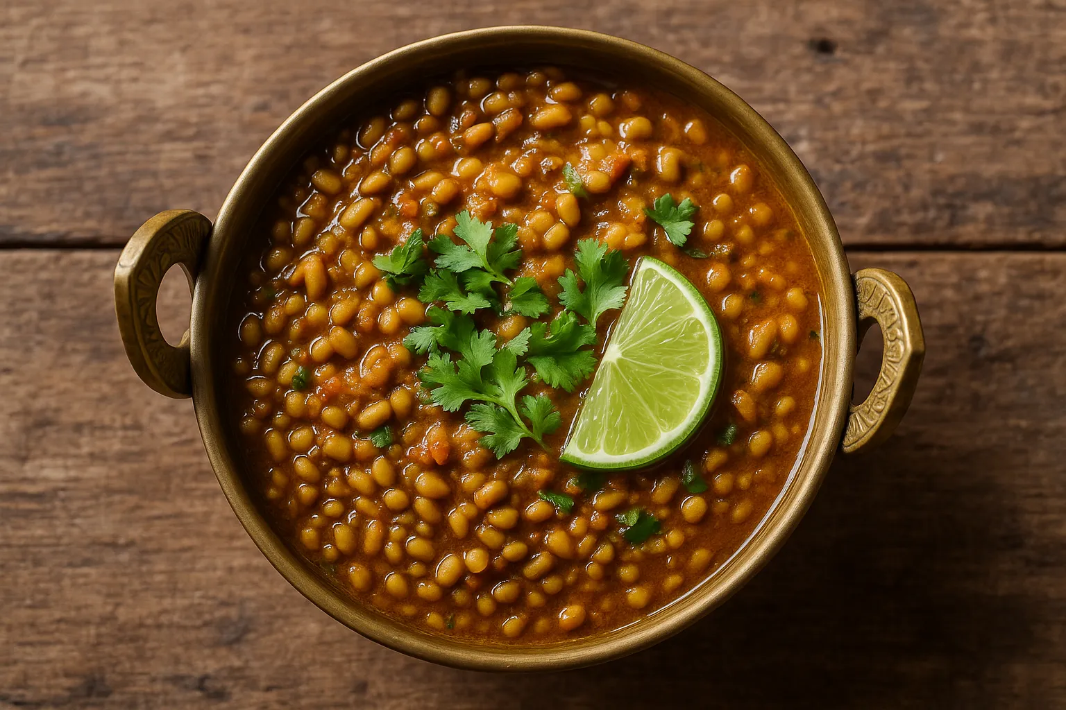 Fresh matki usal on rustic wooden table - 343 calories per 100g