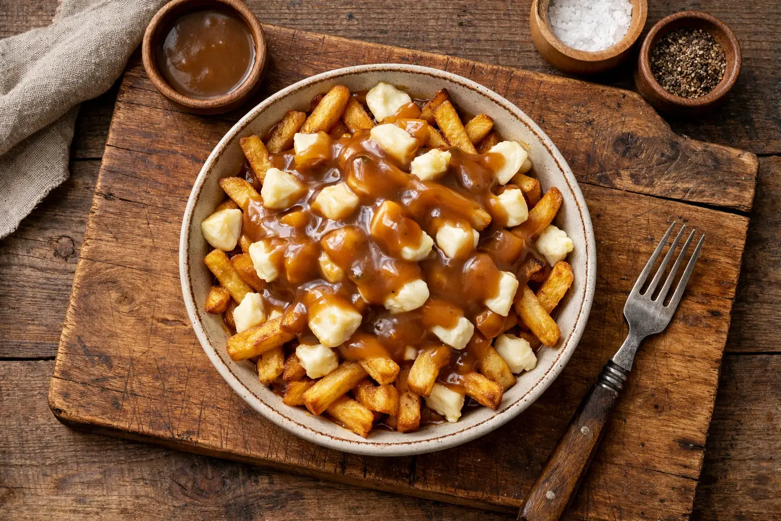 रस्टिक लकड़ी की टेबल पर ताज़ा poutine बाउल फ्राइज़ cheese curds और ग्रेवी के साथ - प्रति बाउल 520 कैलोरी
