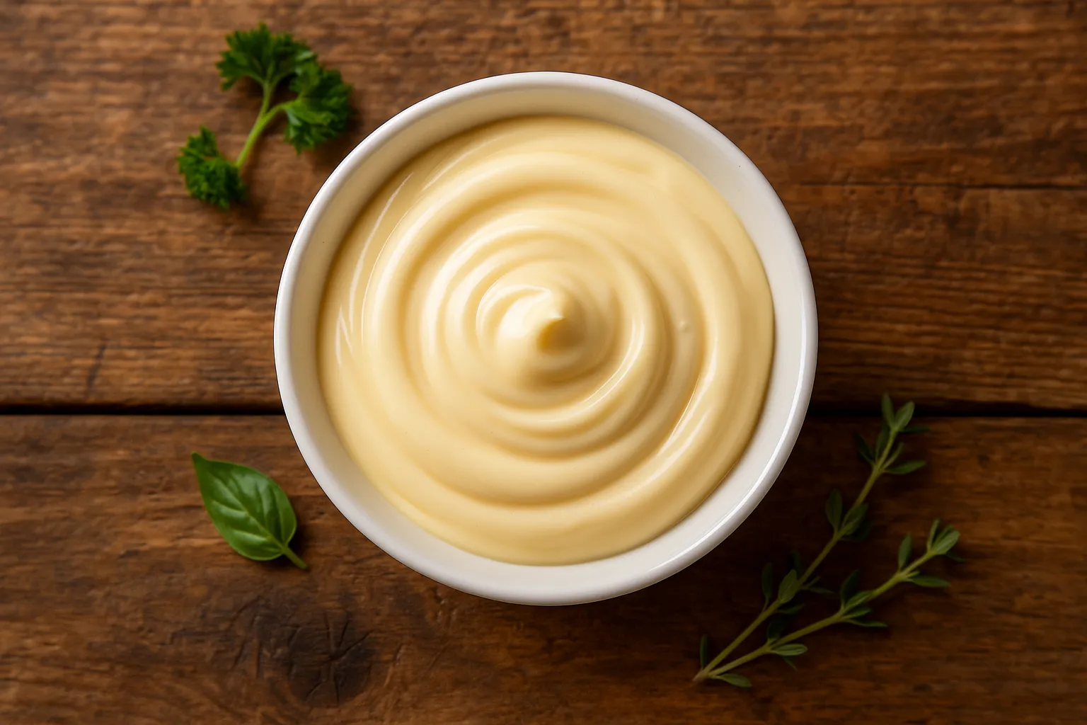 Fresh mayonnaise in bowl on rustic wooden table - 57 calories per tablespoon
