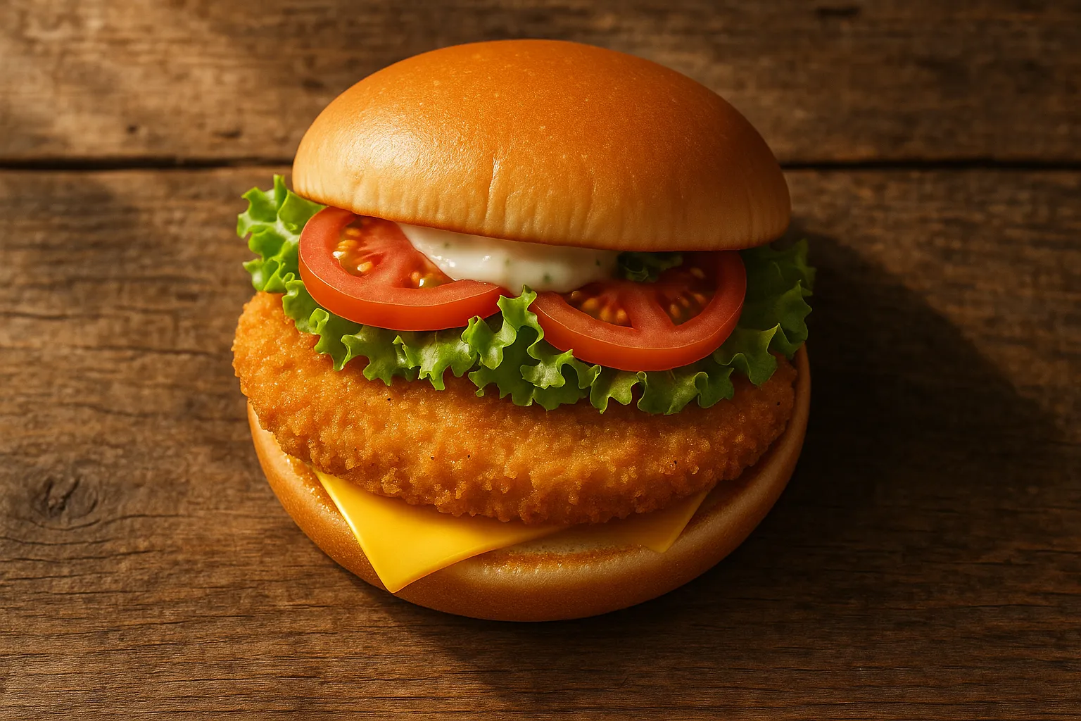 Sandwich McChicken croustillant doré de McDonald's sur table en bois rustique - 417 calories par sandwich