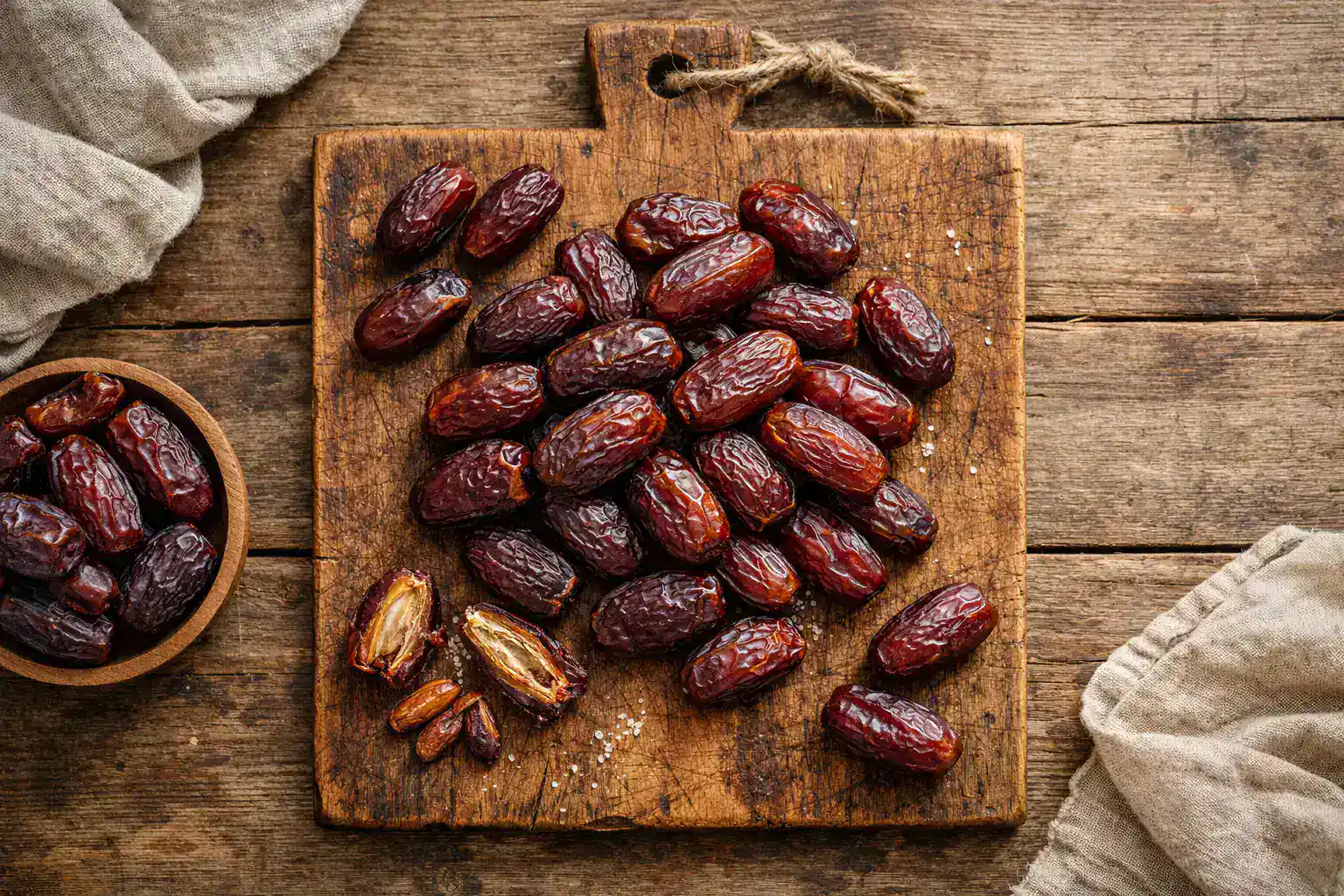 Dattes Medjool fraîches sur table en bois rustique - 66 calories par datte