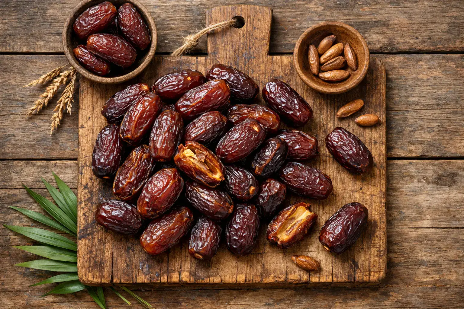 Fresh Medjool dates on rustic wooden table - 66 calories per date