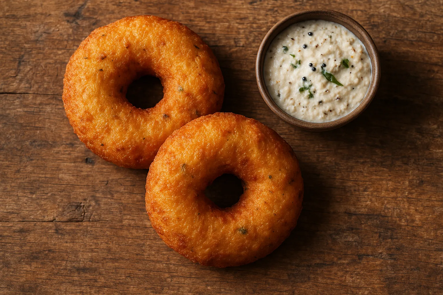 Fresh medu vada on rustic wooden table - 190 calories per vada