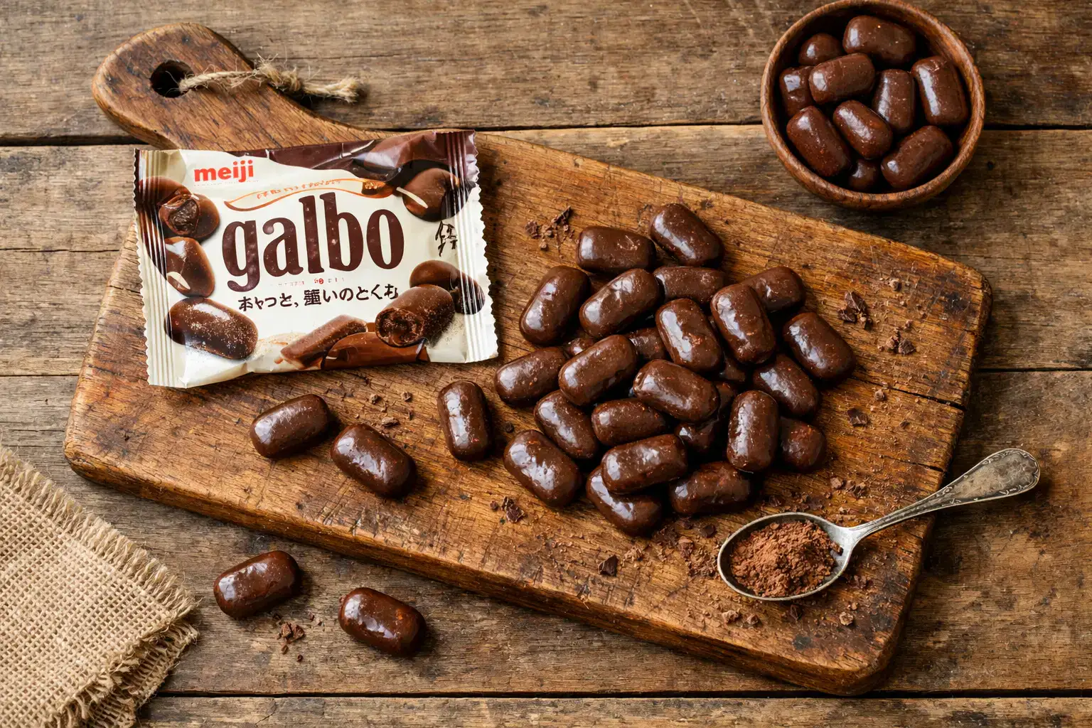 Fresh Meiji Galbo chocolate bites on rustic wooden table - 56 calories per piece