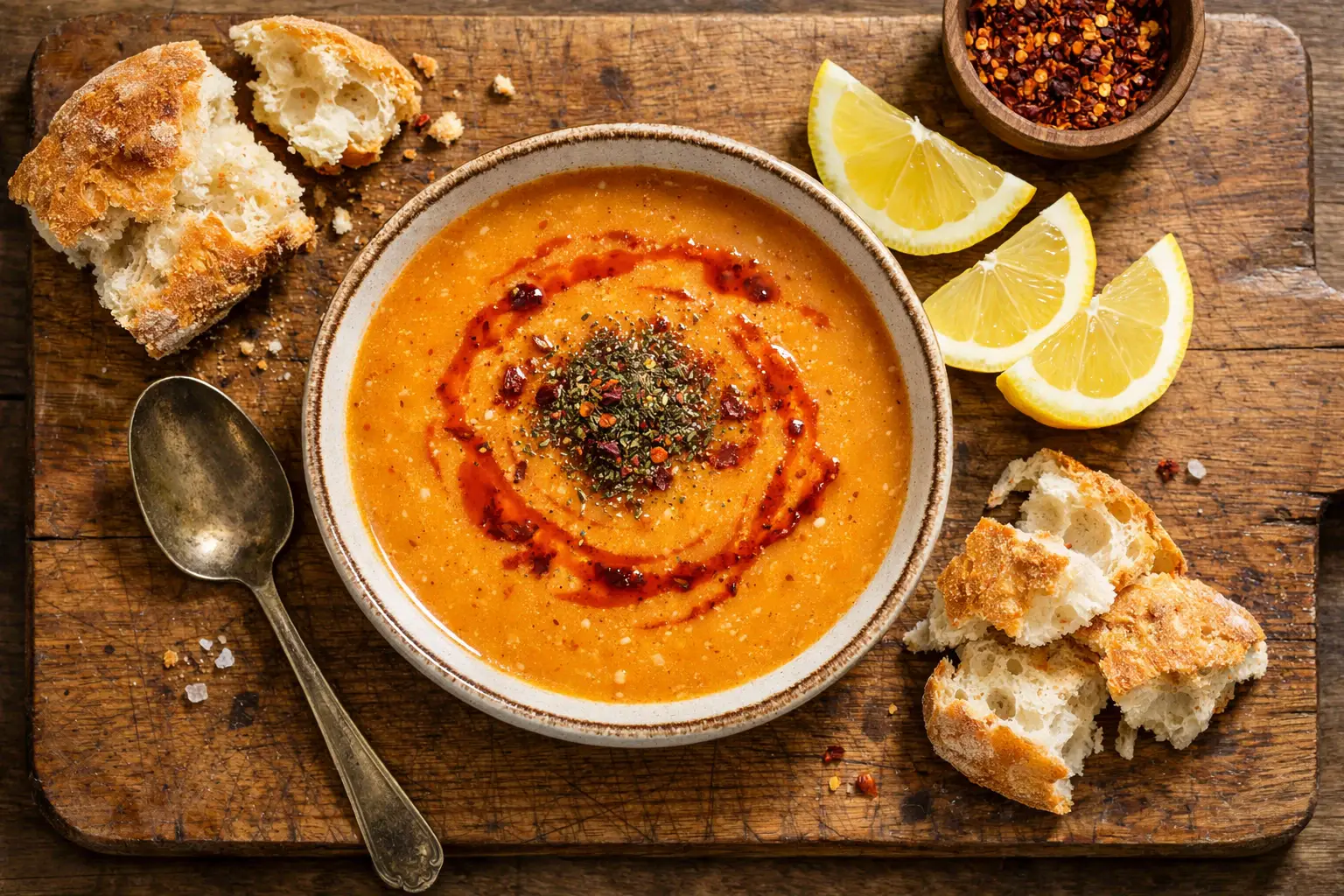 Fresh mercimek corbasi Turkish red lentil soup on rustic wooden table - 150 calories per bowl