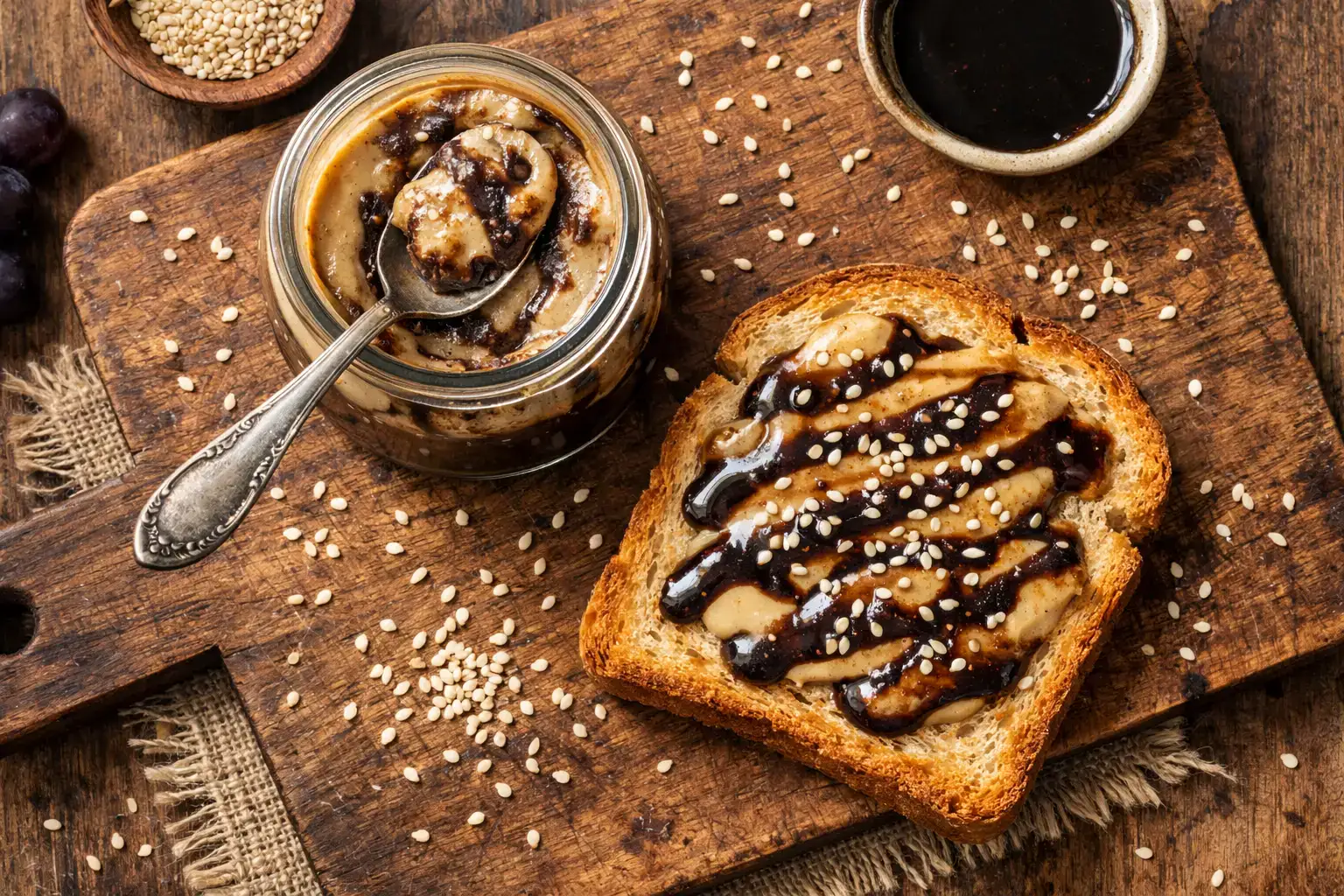Frischer Tahini-Traubenmelasse-Aufstrich auf rustikalem Holztisch - 180 Kalorien pro 30 g Portion