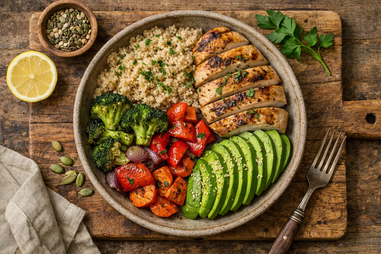 Fresh metabolic mastery meal on rustic wooden table - 350 calories per serving