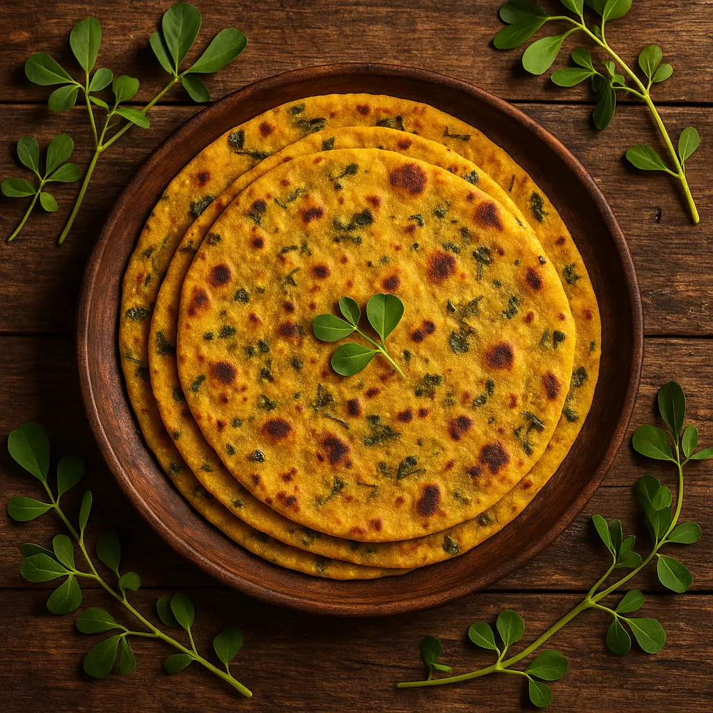 Golden methi thepla with fenugreek leaves on rustic wooden table - 265 calories per piece