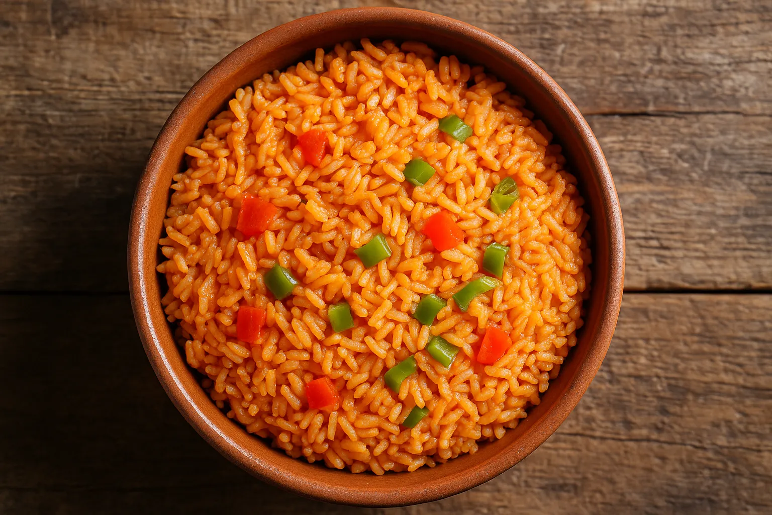 Fresh Mexican rice on rustic wooden table - 210 calories per cup