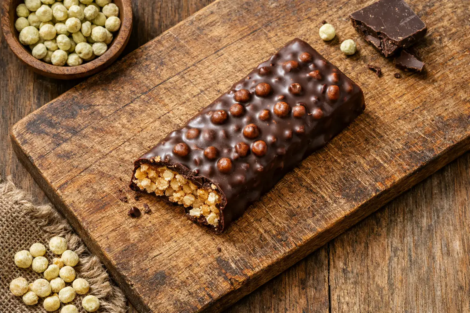 Frischer Mezcla pflanzlicher Proteinriegel auf rustikalem Holztisch - 170 Kalorien pro Riegel