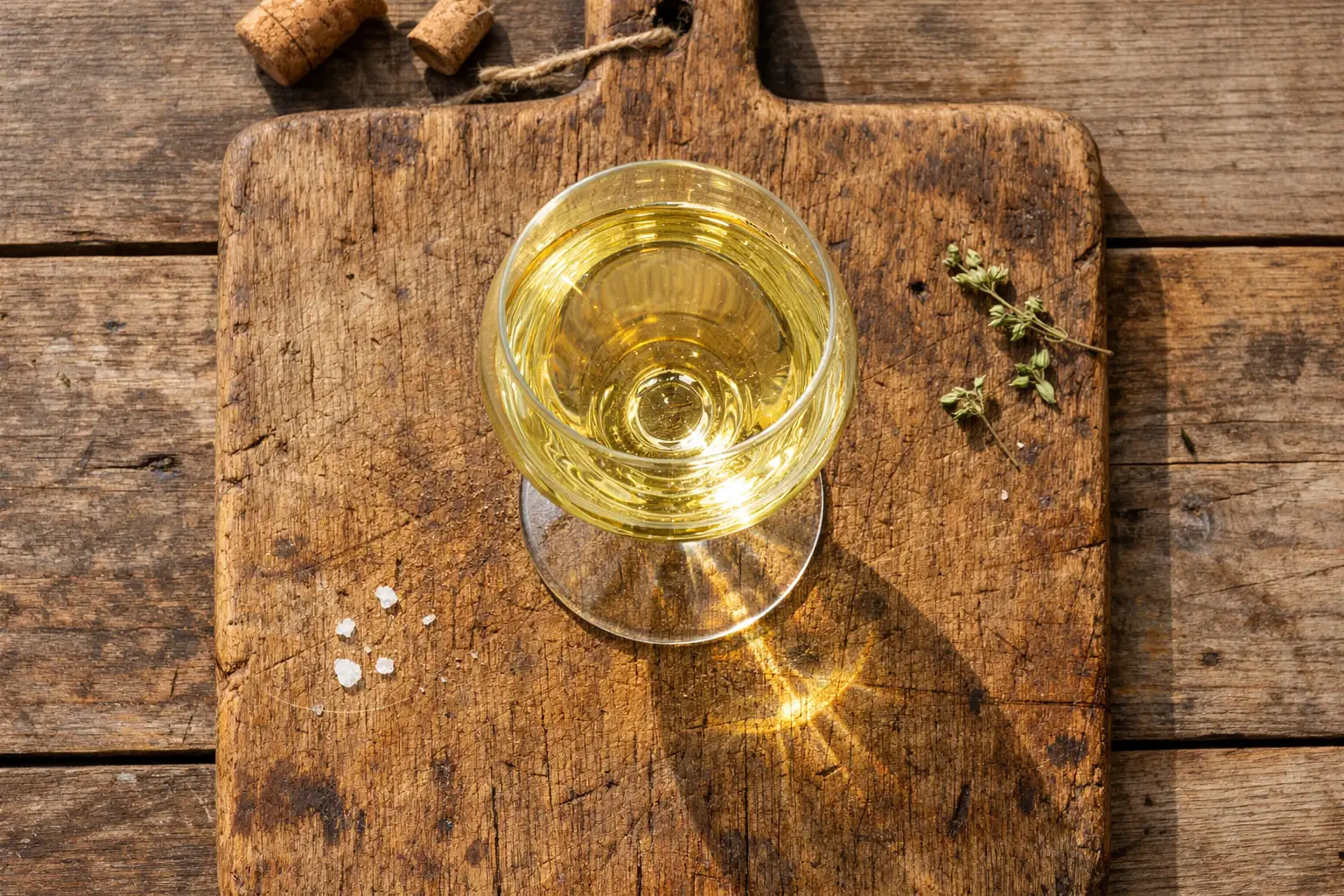 Vino de graduación media fresco en mesa de madera rústica - 60 calorías por copa de 125 ml