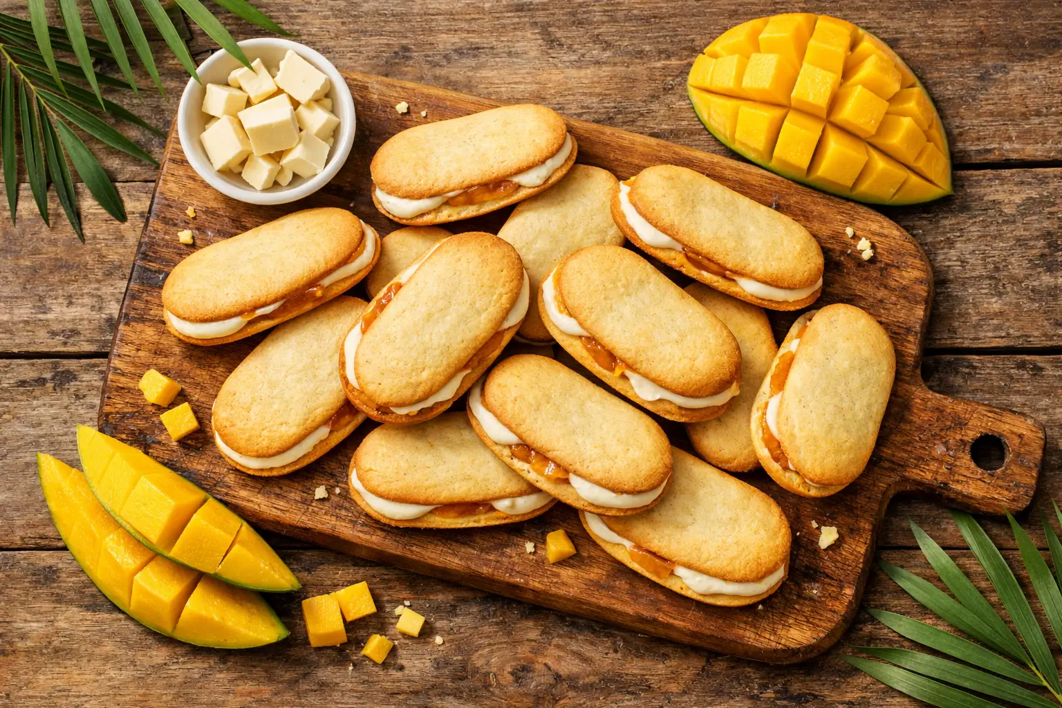 रस्टिक लकड़ी की मेज पर Milano Mango White Chocolate Cookies - 140 कैलोरीज़ प्रति 2 कुकीज़