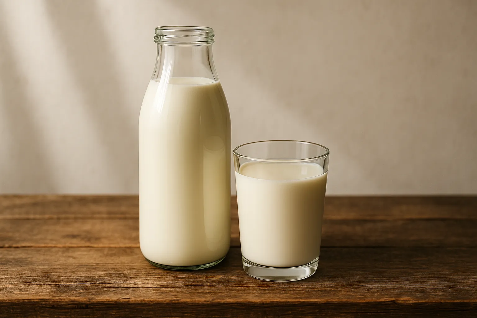 Fresh whole milk on rustic wooden table - 149 calories per cup