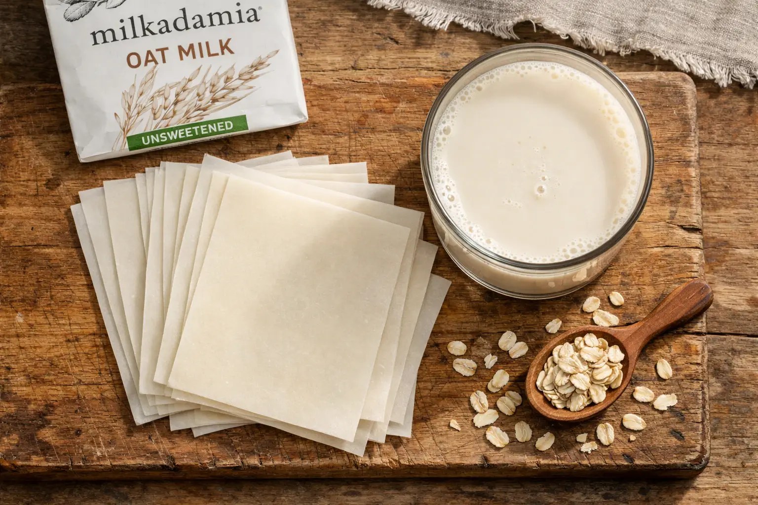 Milkadamia Oat Milk Slices on rustic wooden table - 60 calories per reconstituted cup
