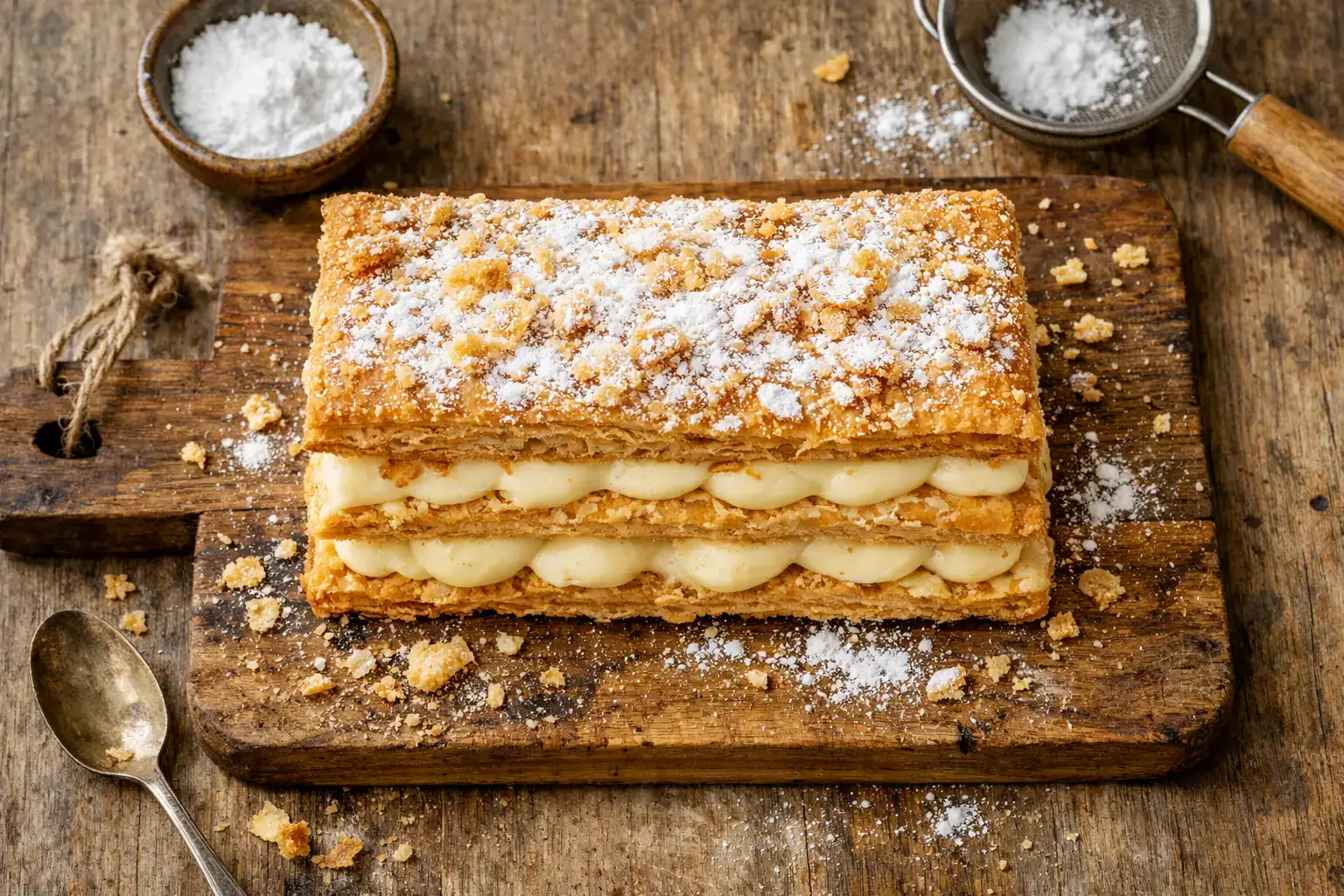 Fresh mille-feuille on rustic wooden table - 340 calories per slice