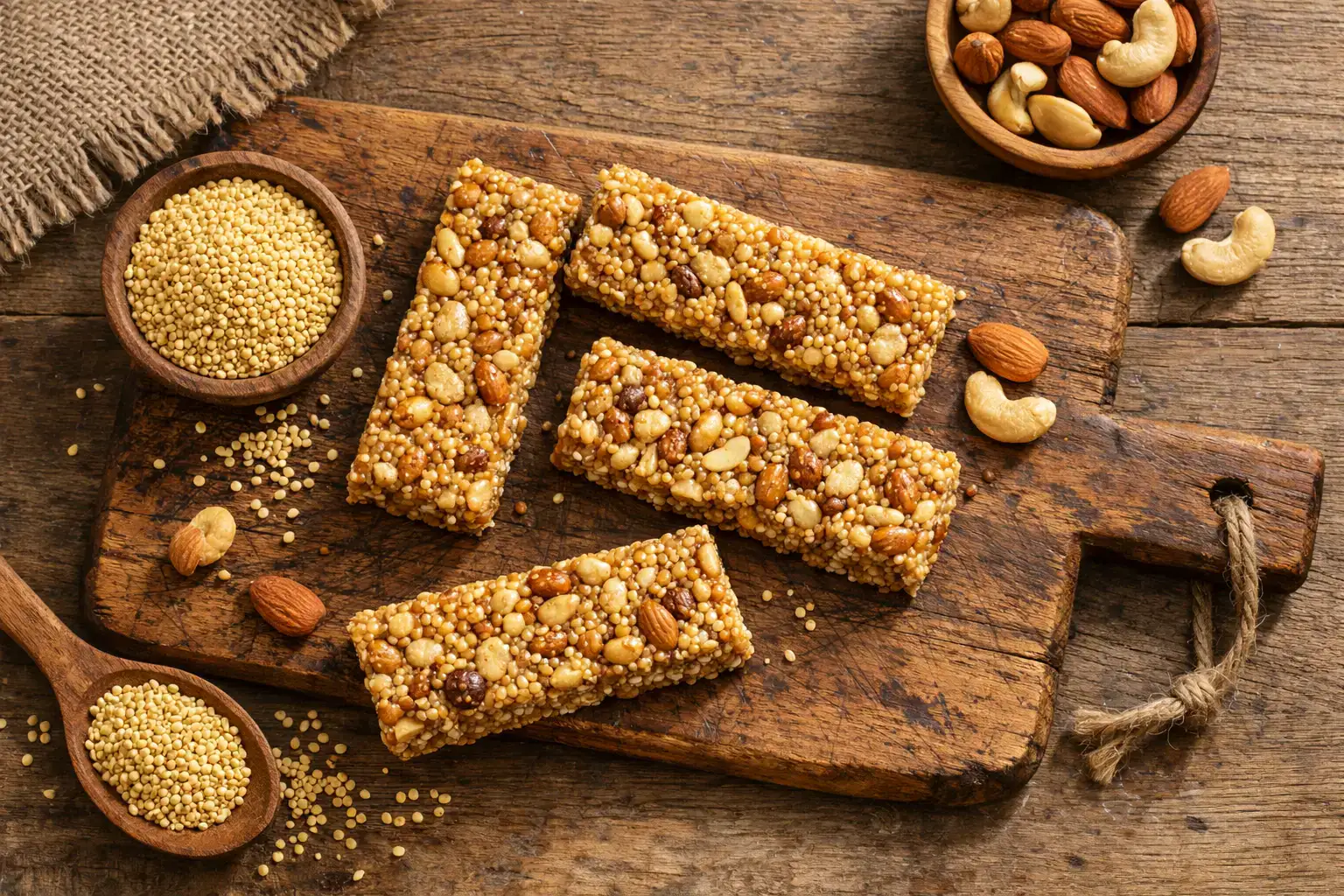 Barres protéinées au millet fraîches sur une table en bois rustique - 180 calories par barre