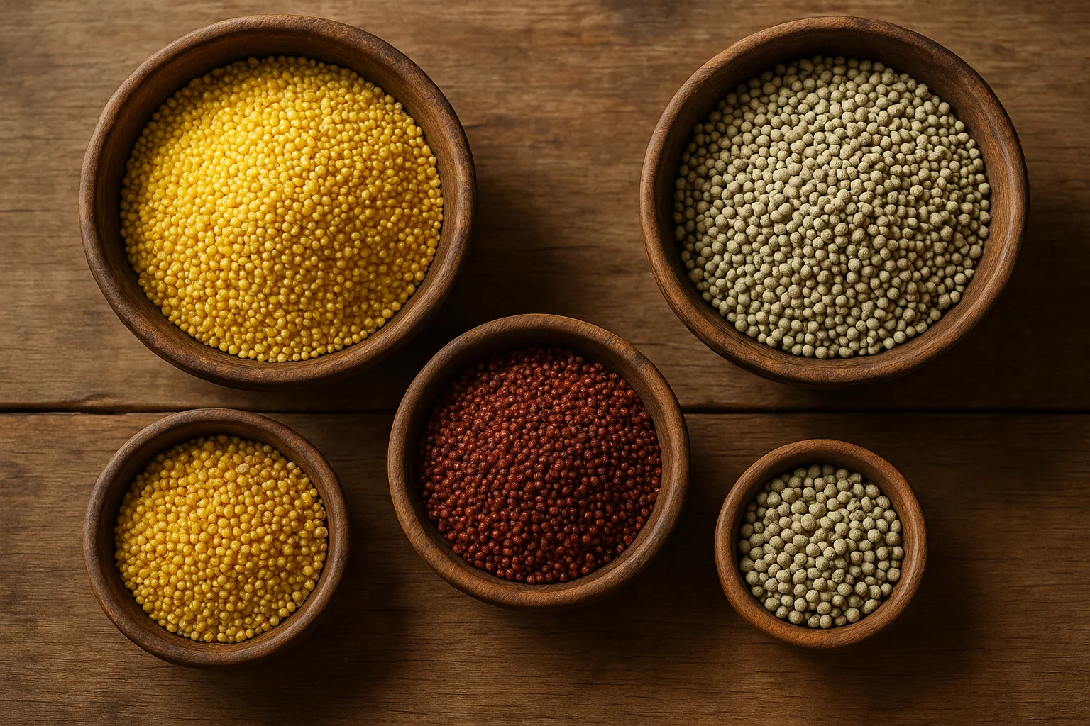 Fresh millets in wooden bowls on rustic table - 119 calories per 100g cooked