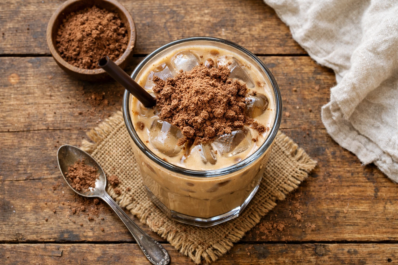Fresh Milo ice latte on rustic wooden table - 180 calories per serving