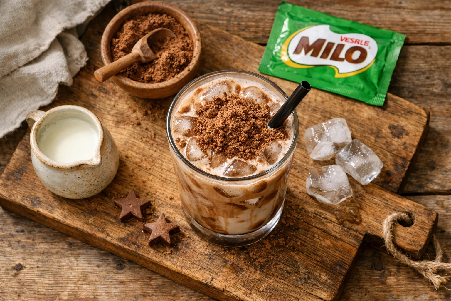 रस्टिक वुडन टेबल पर ताज़ा milo ice latte - प्रति सर्विंग 180 कैलोरी
