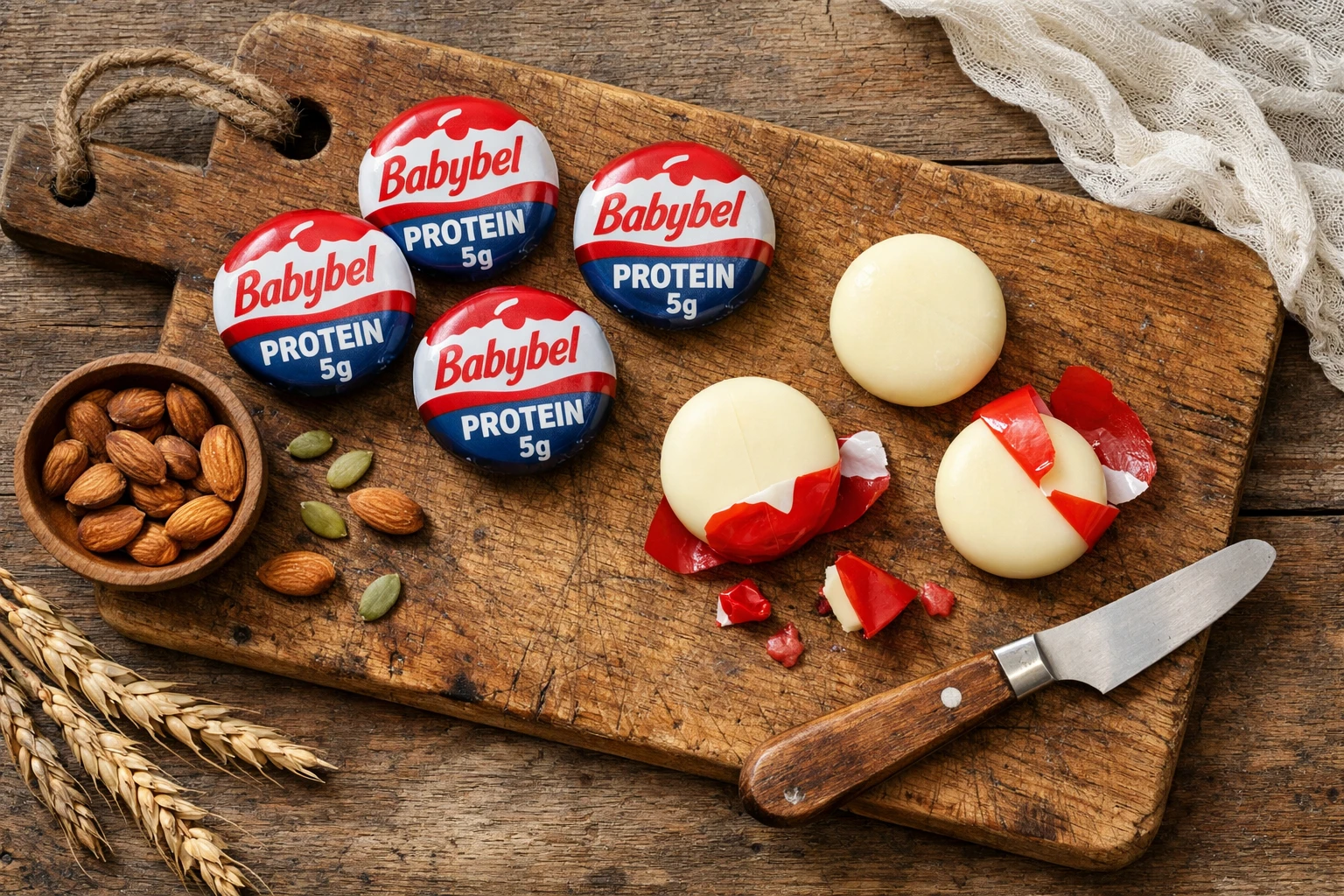 Mini Babybel Protein fromage frais sur table en bois rustique - 70 calories par pièce