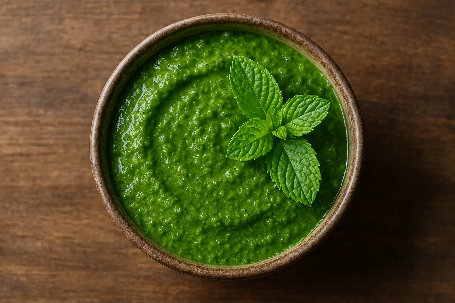 Fresh mint chutney on rustic wooden table - 20 calories per 2 tablespoons
