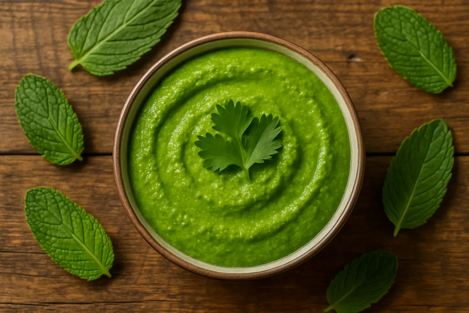 Fresh mint chutney on rustic wooden table - 48 calories per 30g serving