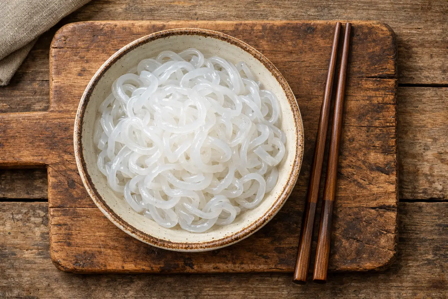 Fresh shirataki noodles on rustic wooden table - 5 calories per serving