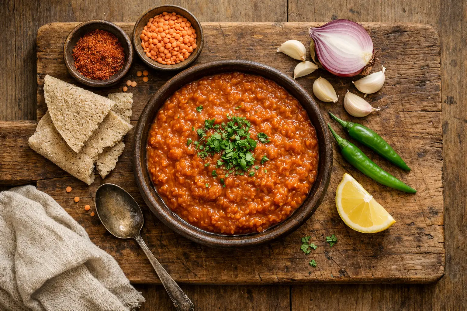 Frischer Misir Wat äthiopischer roter Linseneintopf auf rustikalem Holztisch - 280 Kalorien pro Portion