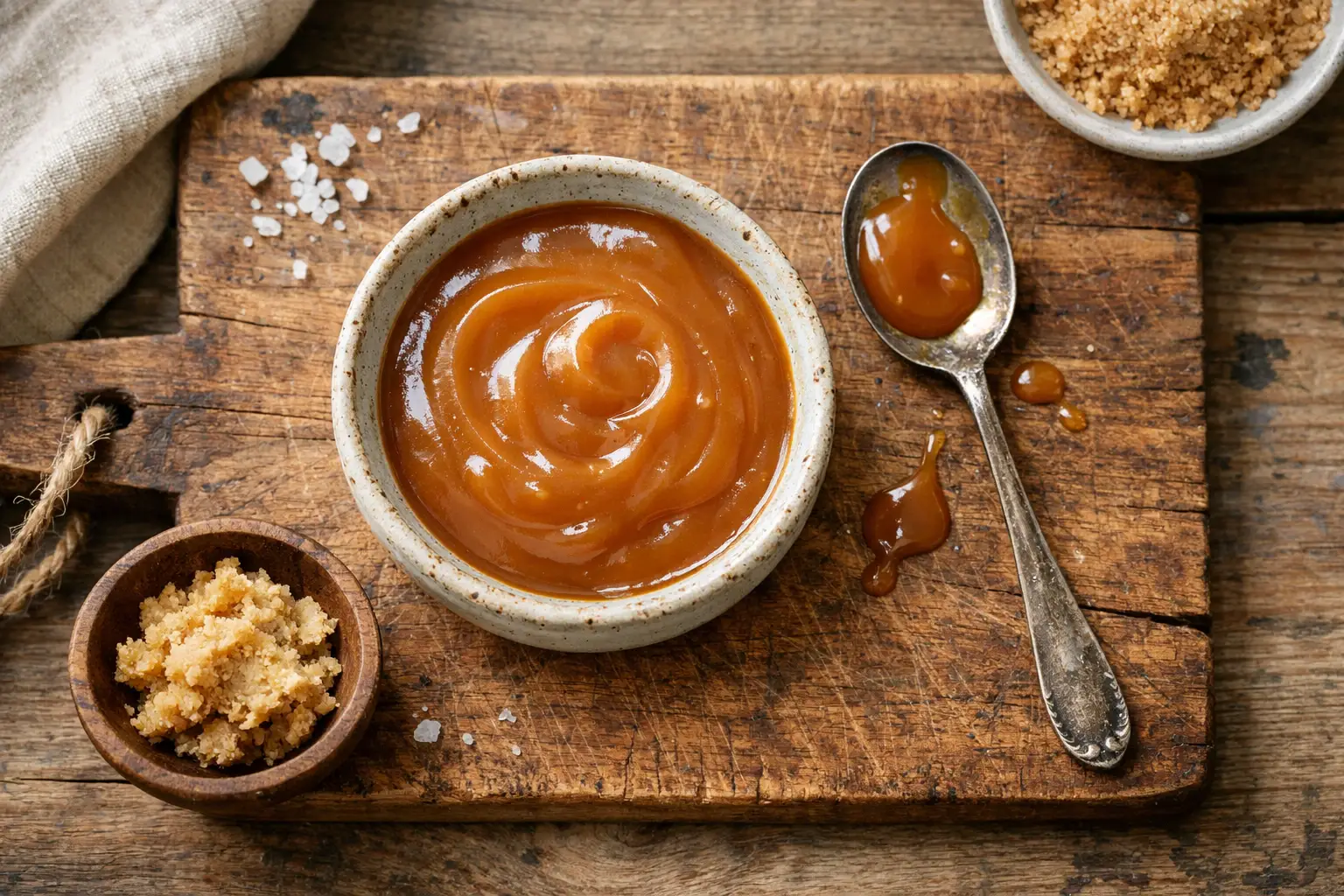 रस्टिक वुडन टेबल पर ताज़ा मिसो कैरमल सॉस - 20g सर्विंग में 60 कैलोरी