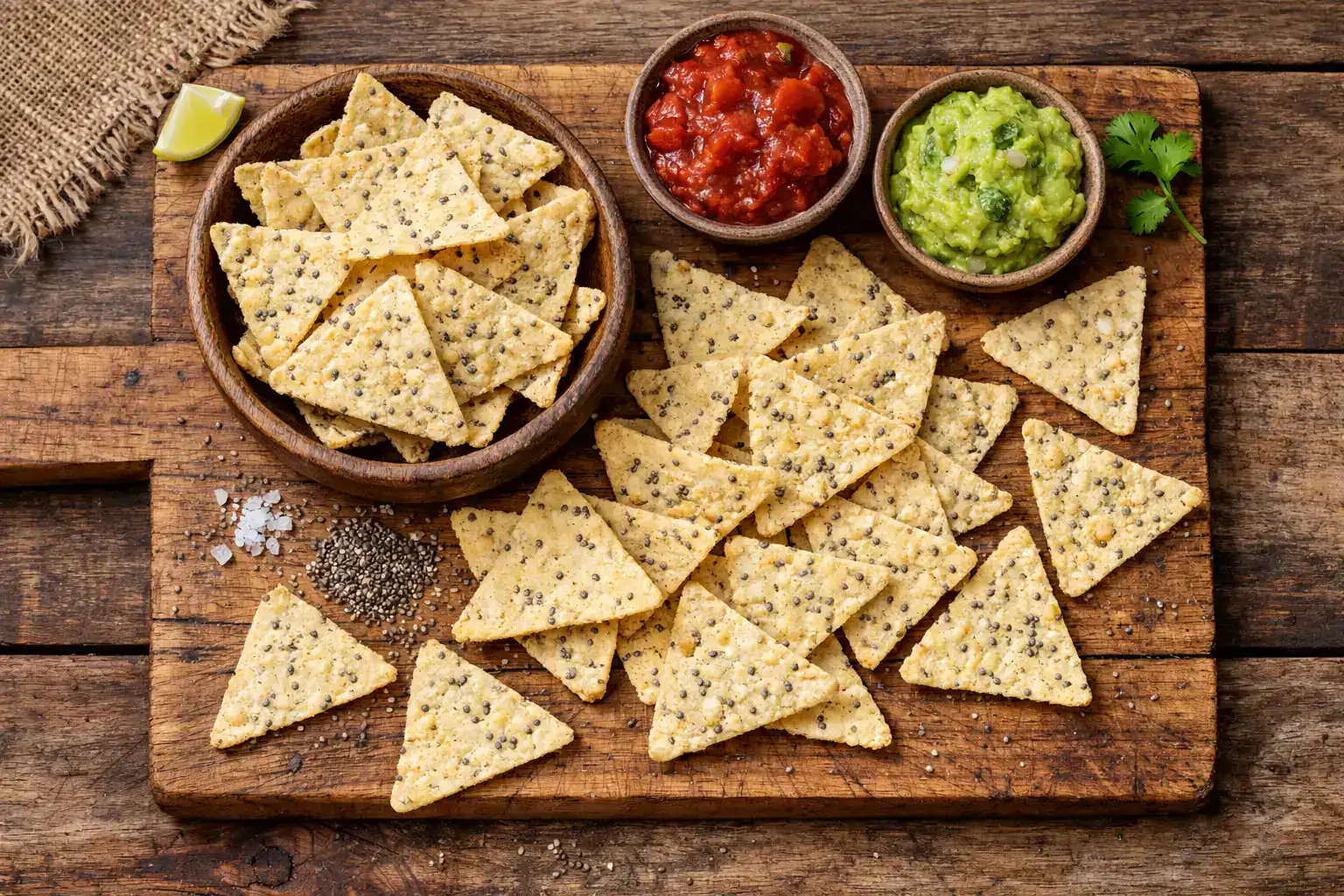 Mister Free'd Chia Tortilla Chips auf rustikalem Holzbrett - 128 Kalorien pro 25 g Portion