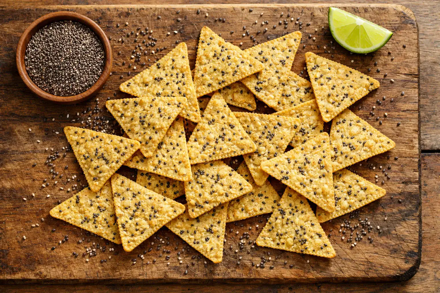 Tortilla chips frescos con semillas de chía sobre una mesa rústica de madera - 144 calorías por porción de 30 g