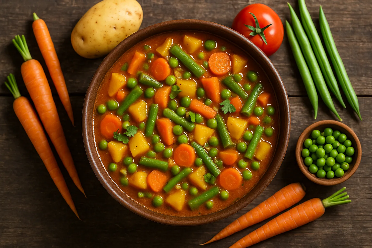 Fresh mix vegetable sabji on rustic wooden table - 140 calories per cup