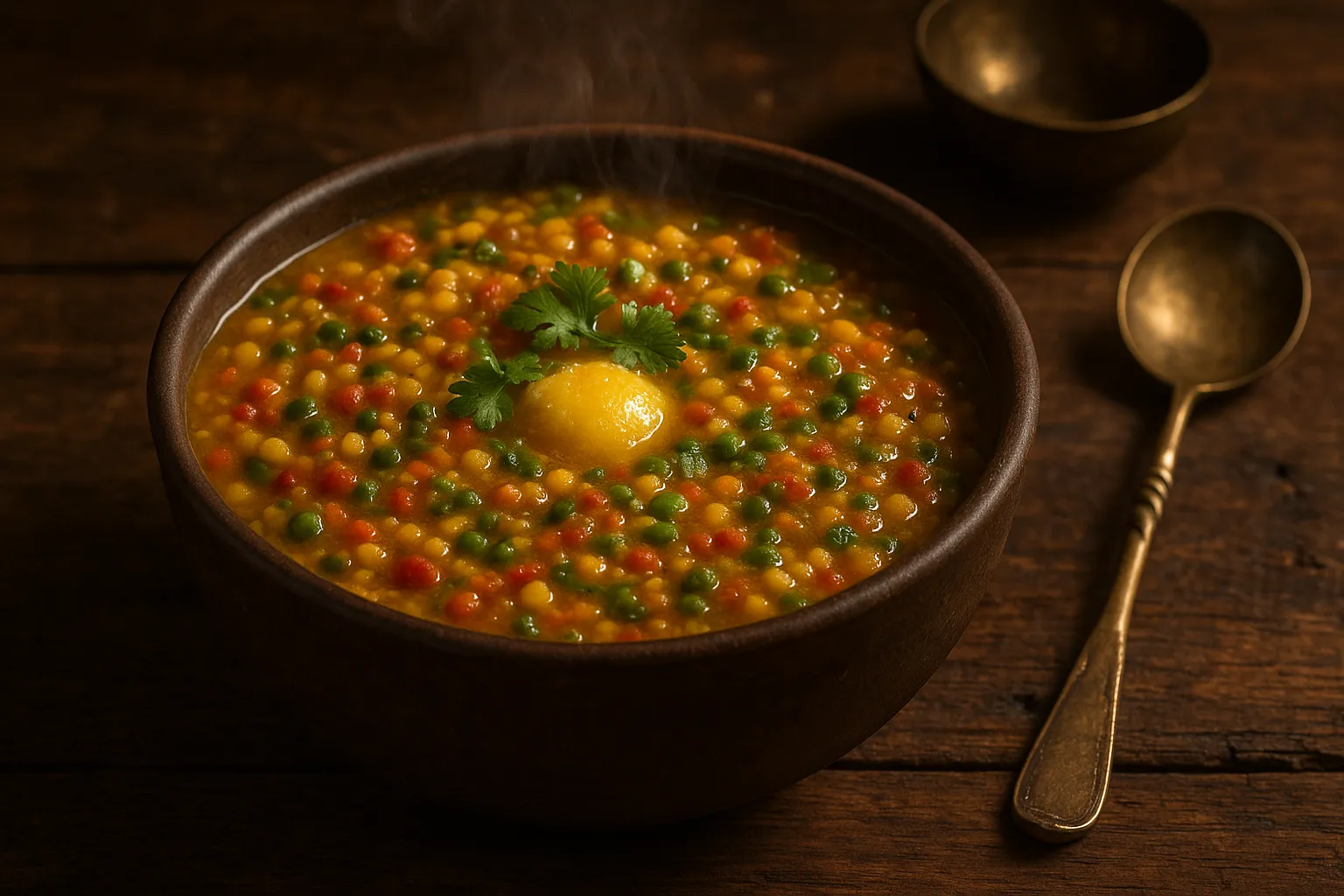 Steaming bowl of mixed daal with cilantro garnish and ghee - 200 calories per serving
