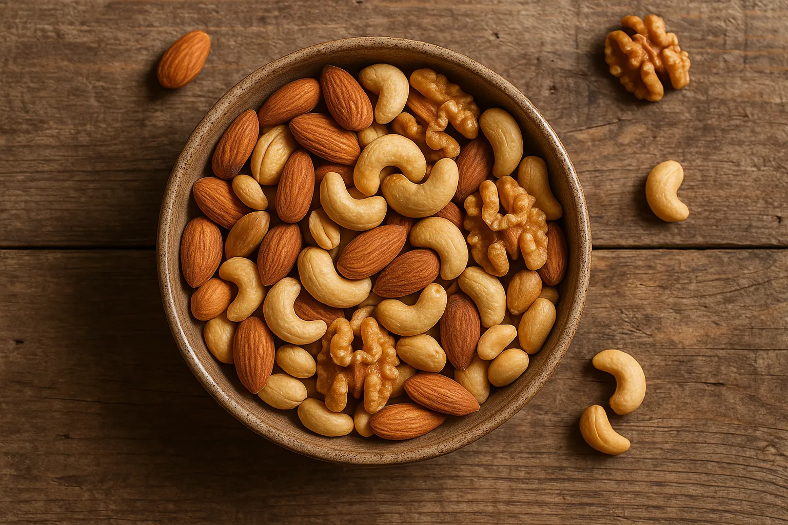 Fresh bowl of mixed nuts on rustic wooden table - 170 calories per oz