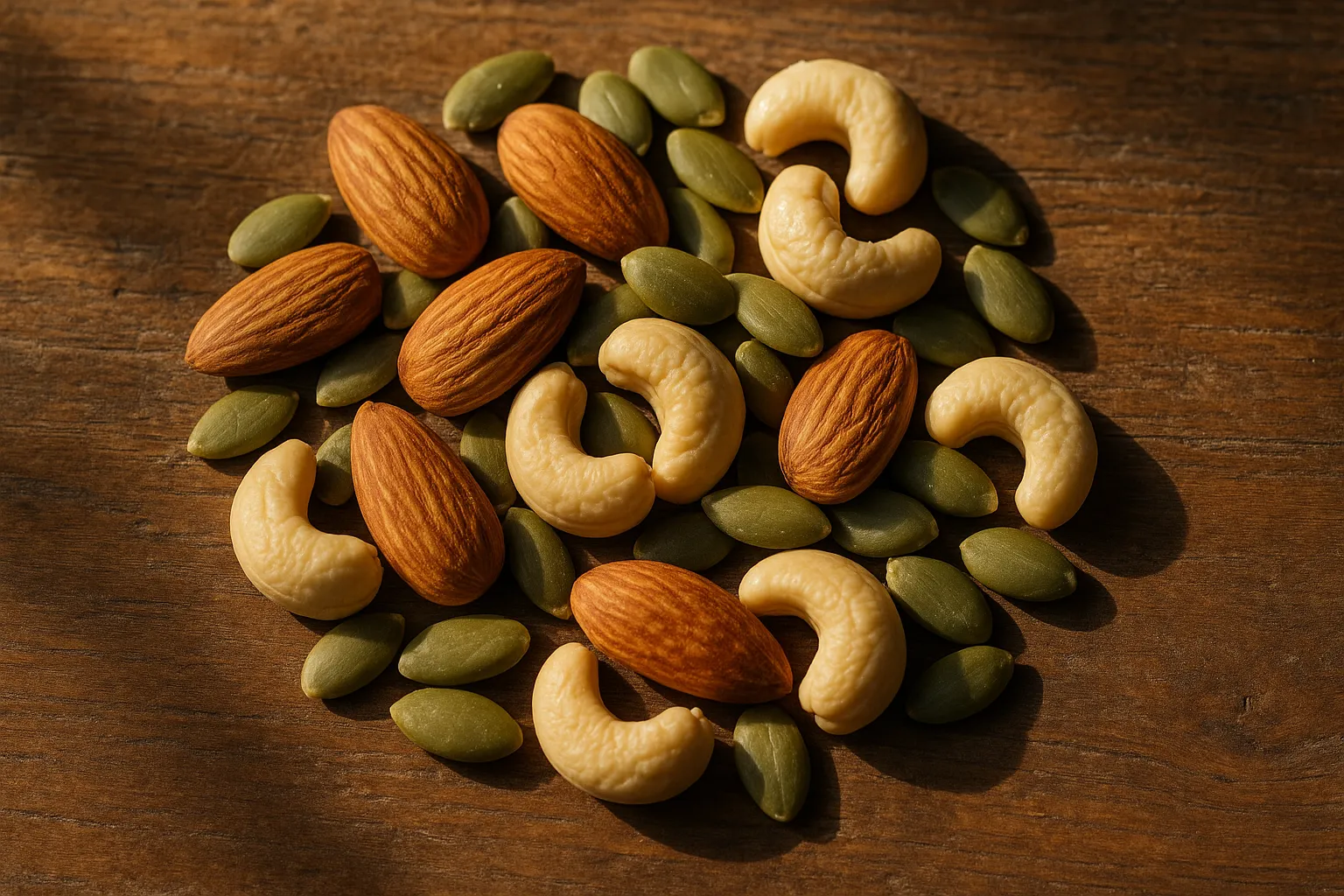 Handful of mixed almonds, cashews, and pumpkin seeds on rustic wooden table - 185 calories per ounce