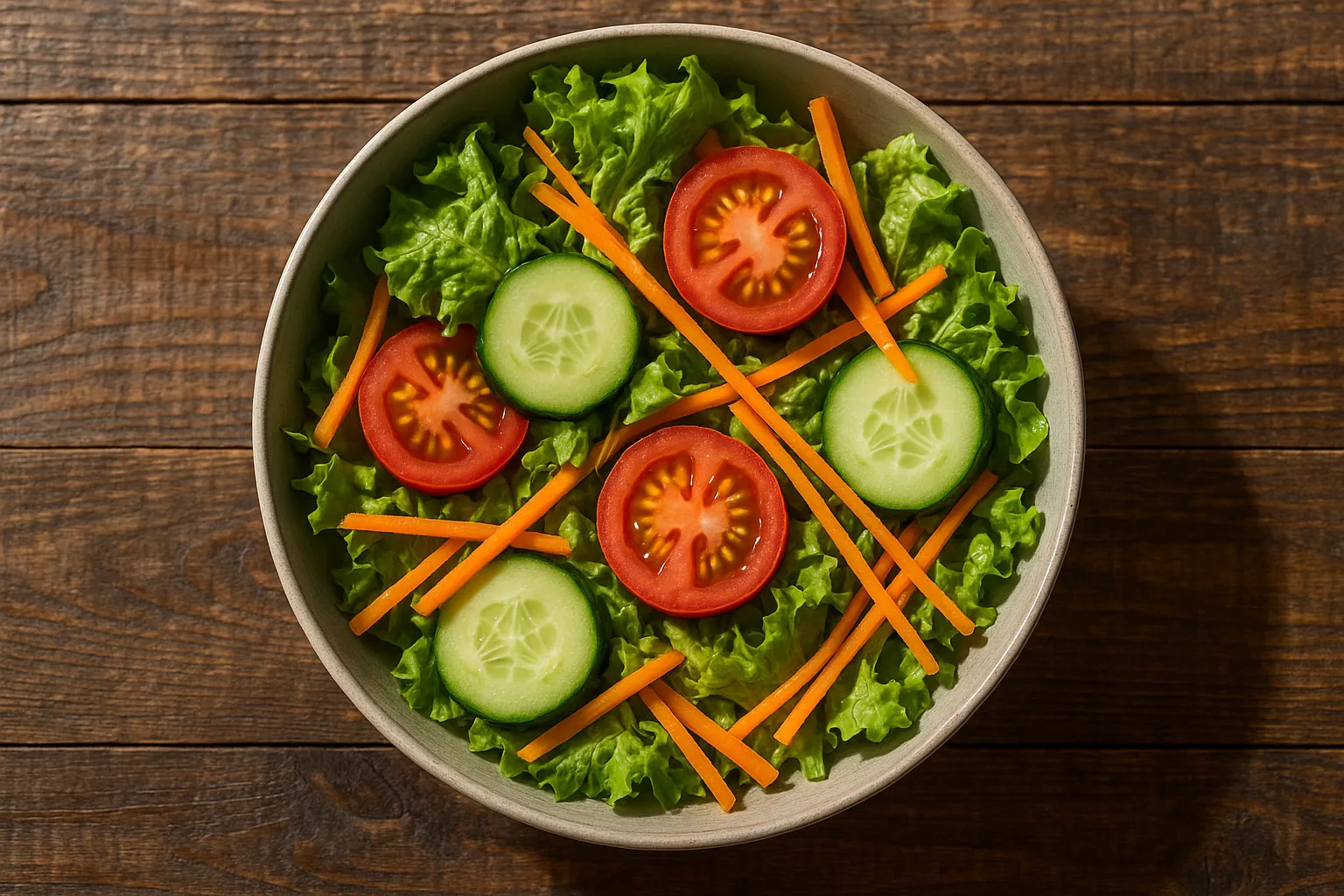 Fresh mixed salad on rustic wooden table - 20 calories per 100g