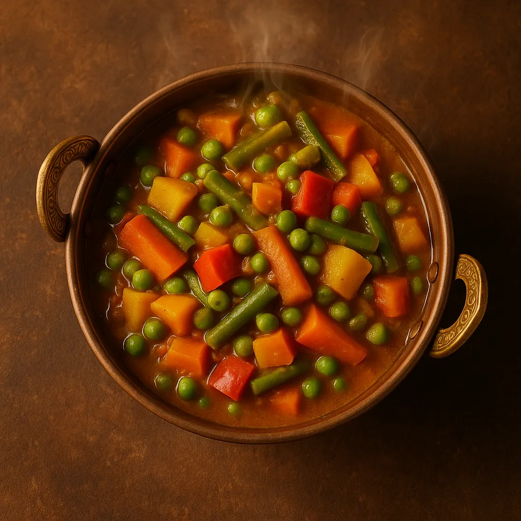 Steaming mixed vegetable curry with peas, carrots, and beans in traditional bowl - 145 calories per cup