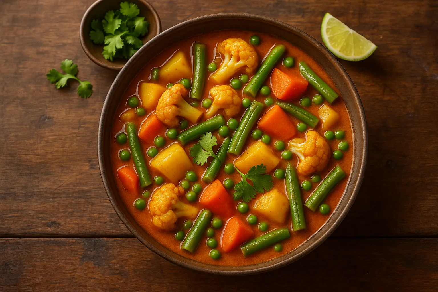 Curry de légumes mixtes frais sur table en bois rustique - 85 calories par 100g