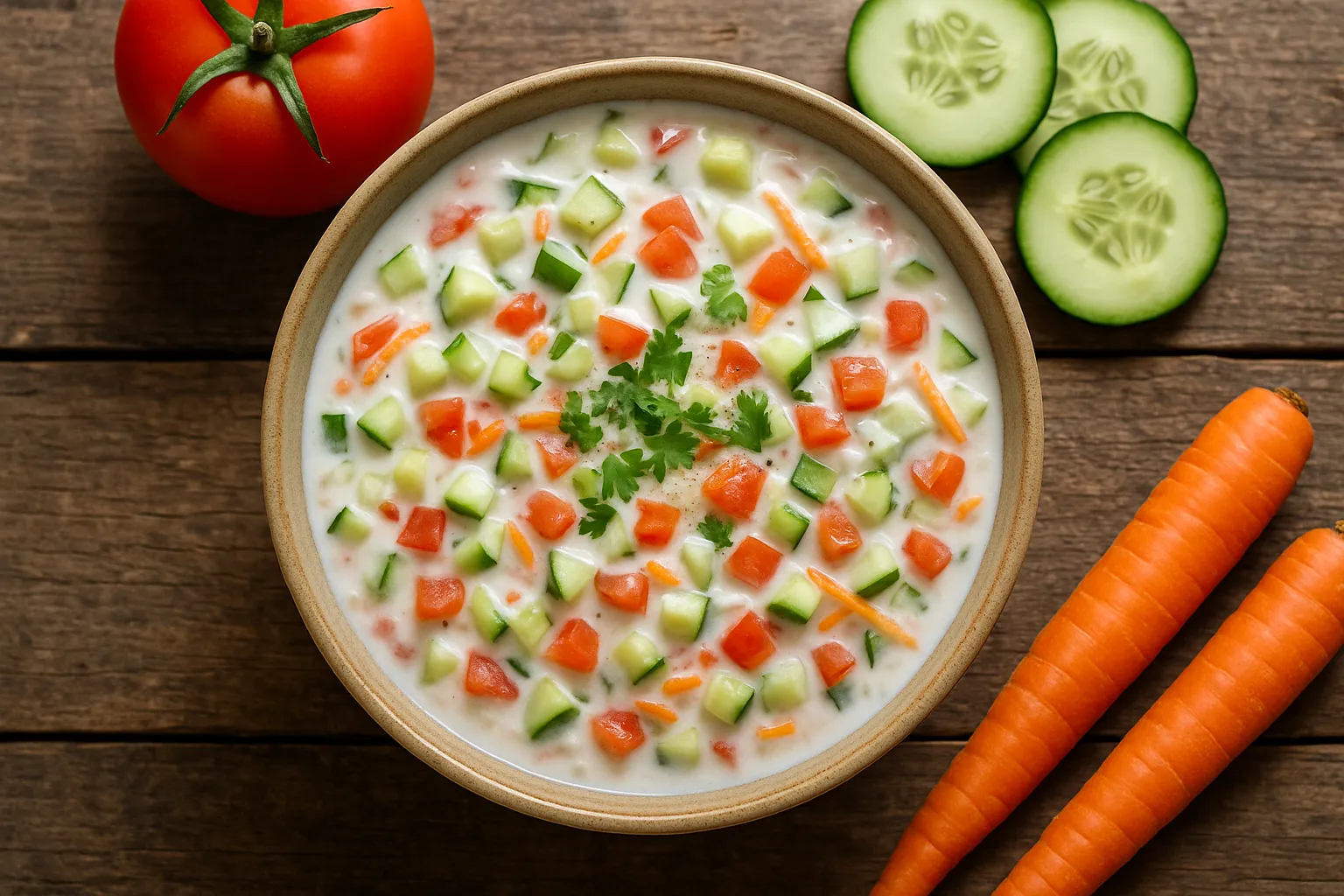 Fresh mixed vegetable raita in ceramic bowl - 60 calories per cup