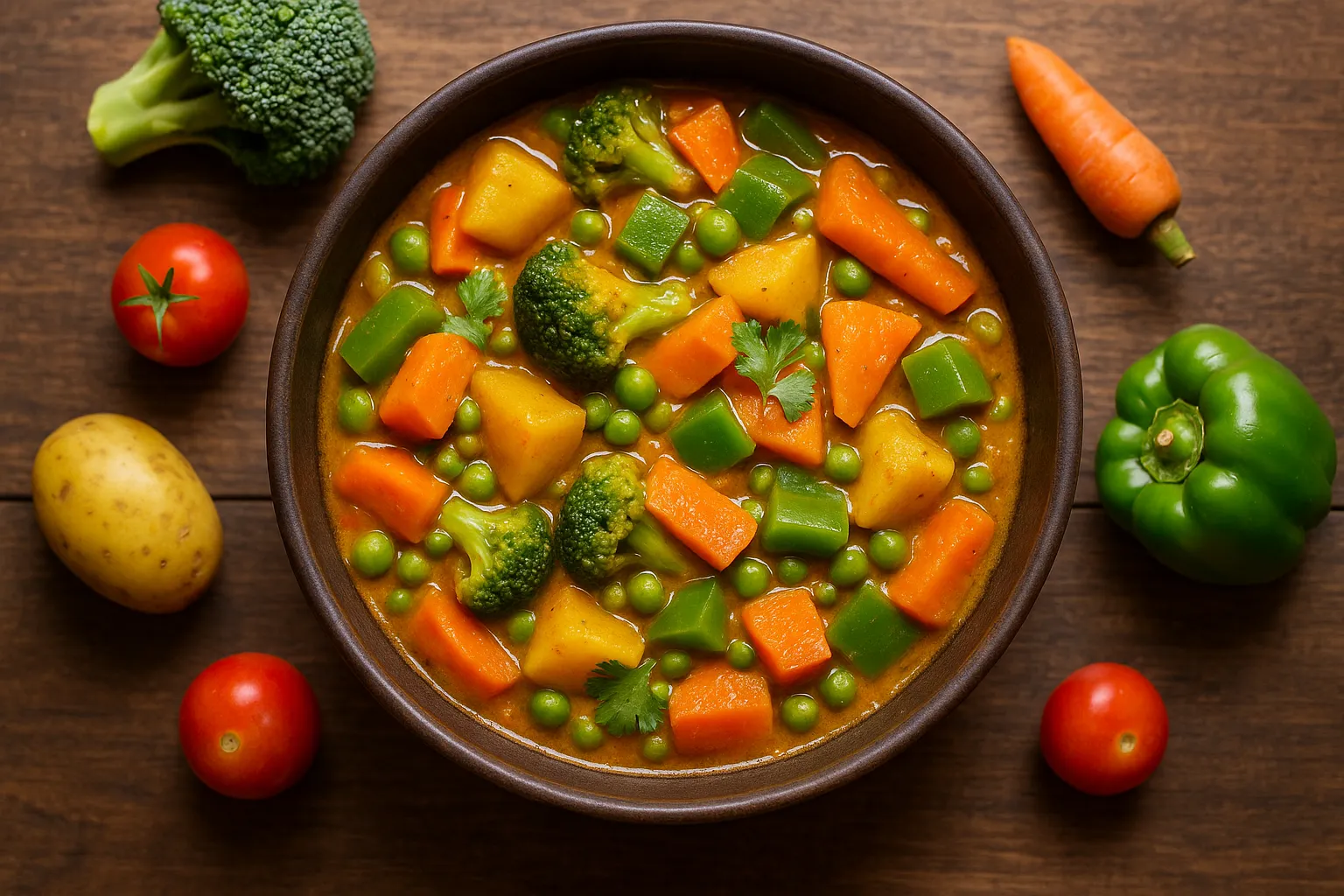 Fresh mixed vegetable sabji on rustic wooden table - 96 calories per cup