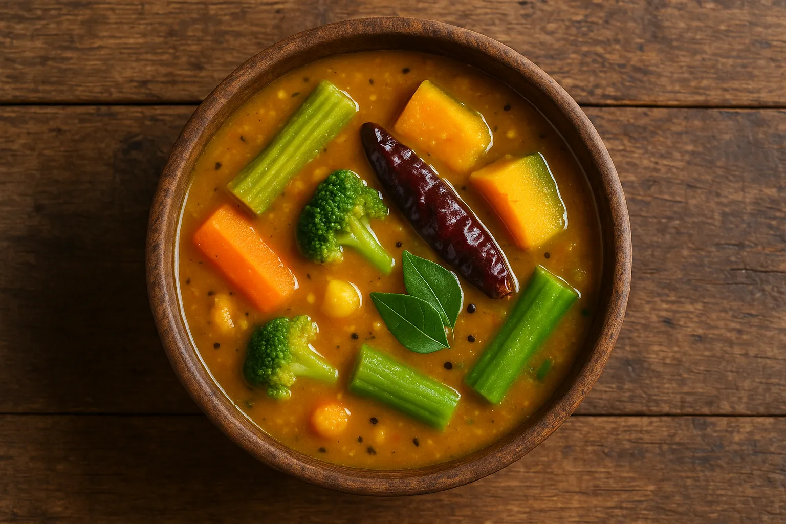 Fresh mixed vegetable sambar on rustic wooden table - 86 calories per 100g