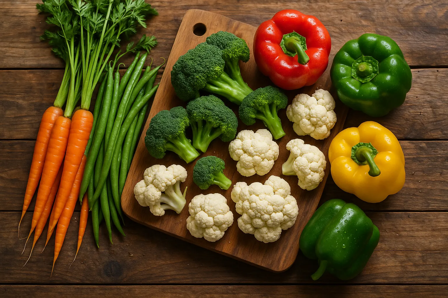 रस्टिक लकड़ी की टेबल पर ताजी मिक्स्ड वेजिटेबल्स - 100g में 65 कैलोरी