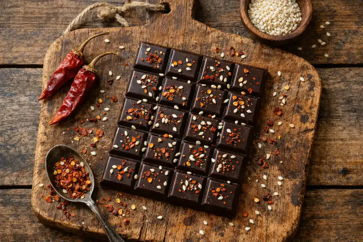 Fresh chili crunch chocolate bar on rustic wooden table - 246 calories per bar