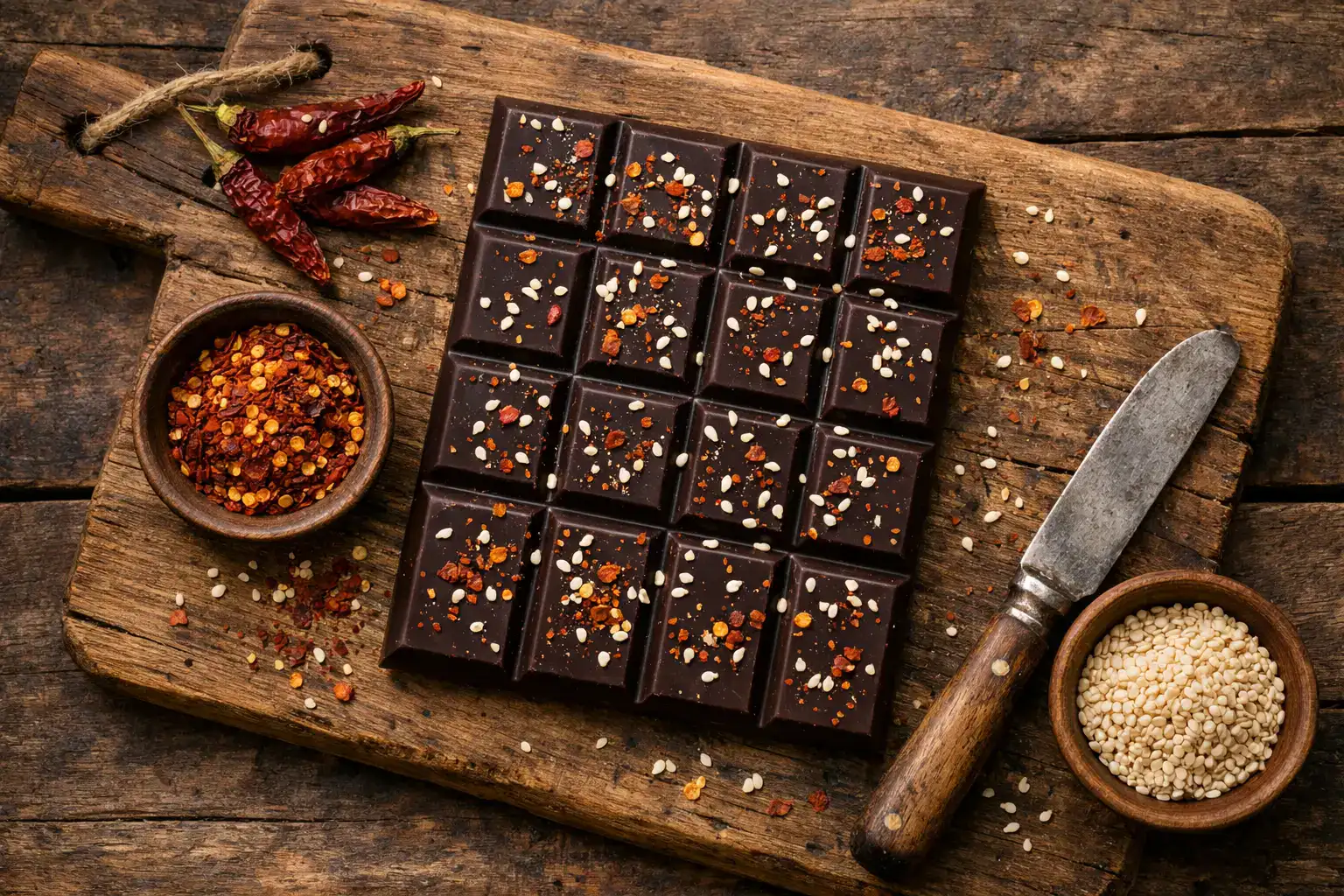 रस्टिक वुडन टेबल पर ताज़ा Momofuku Chili Crunch Chocolate Bar - आधे बार में 123 कैलोरी