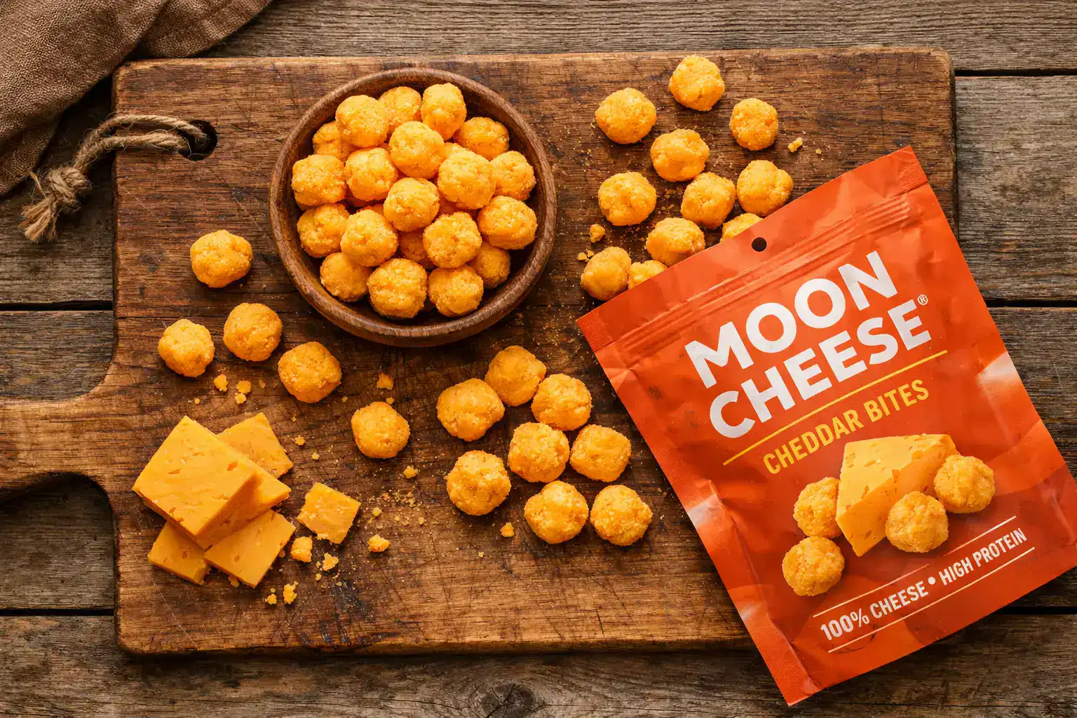 Moon Cheese Cheddar Bites sobre mesa de madera rústica - 160 calorías por porción de 28 g