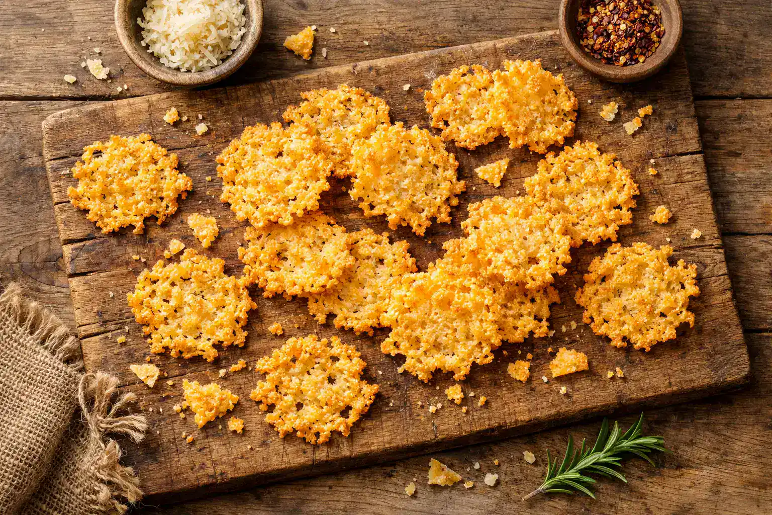 Moon Cheese Crisps frais sur table rustique en bois - 70 calories par portion de 14 g